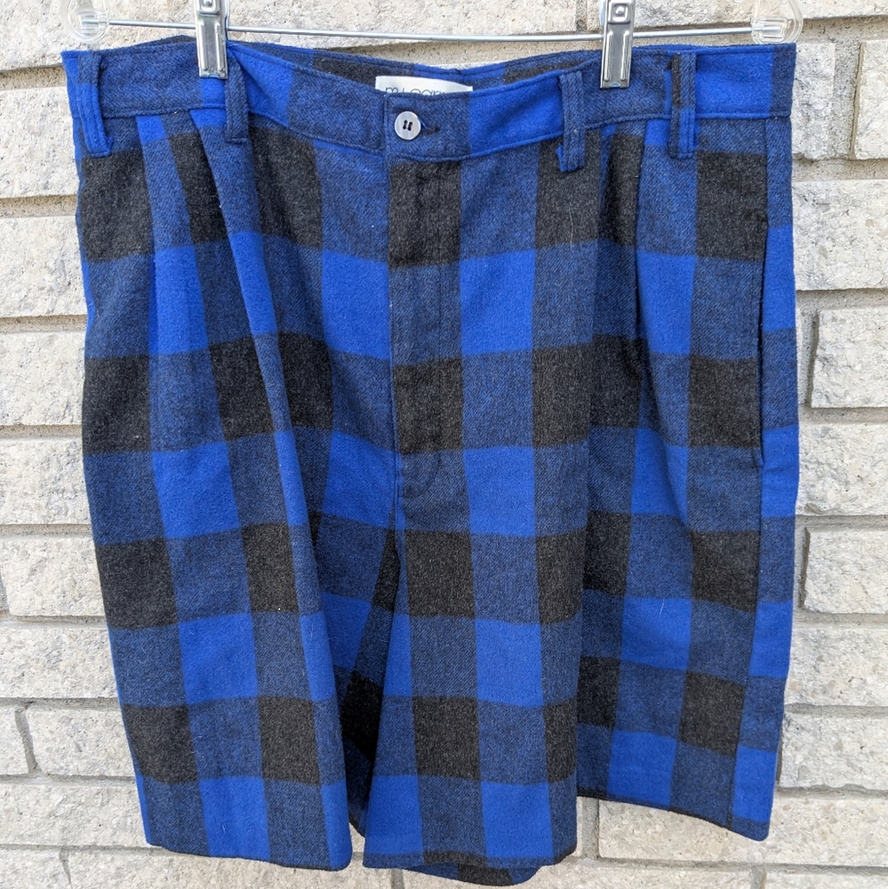 Women's Wool Blend Blue Checkered High Waist Pleated Shorts Size 18 90s Retro